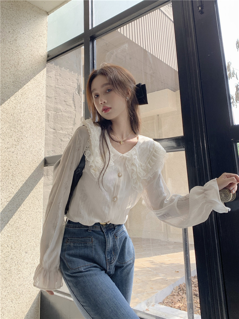 2023 New Fall Women's Clothing Korean Style French Lace Stitching Doll Collar Sweet Long Sleeve Shirt