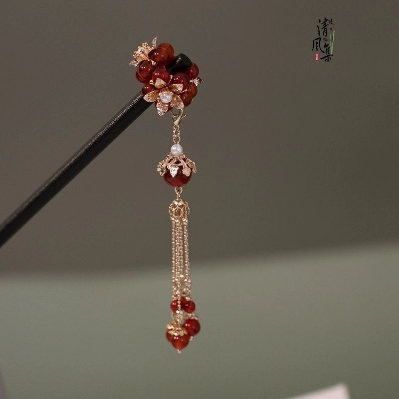 原创红色珍珠流苏木簪子明制汉服旗袍中式头饰古风饰品-阿里巴巴