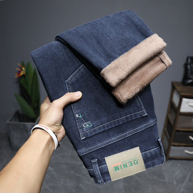 Fall Winter Men Jeans Pencil Pants Slim Fit Stretch All-Matching Youth Trendy Thick Casual Men's Pants Xintang