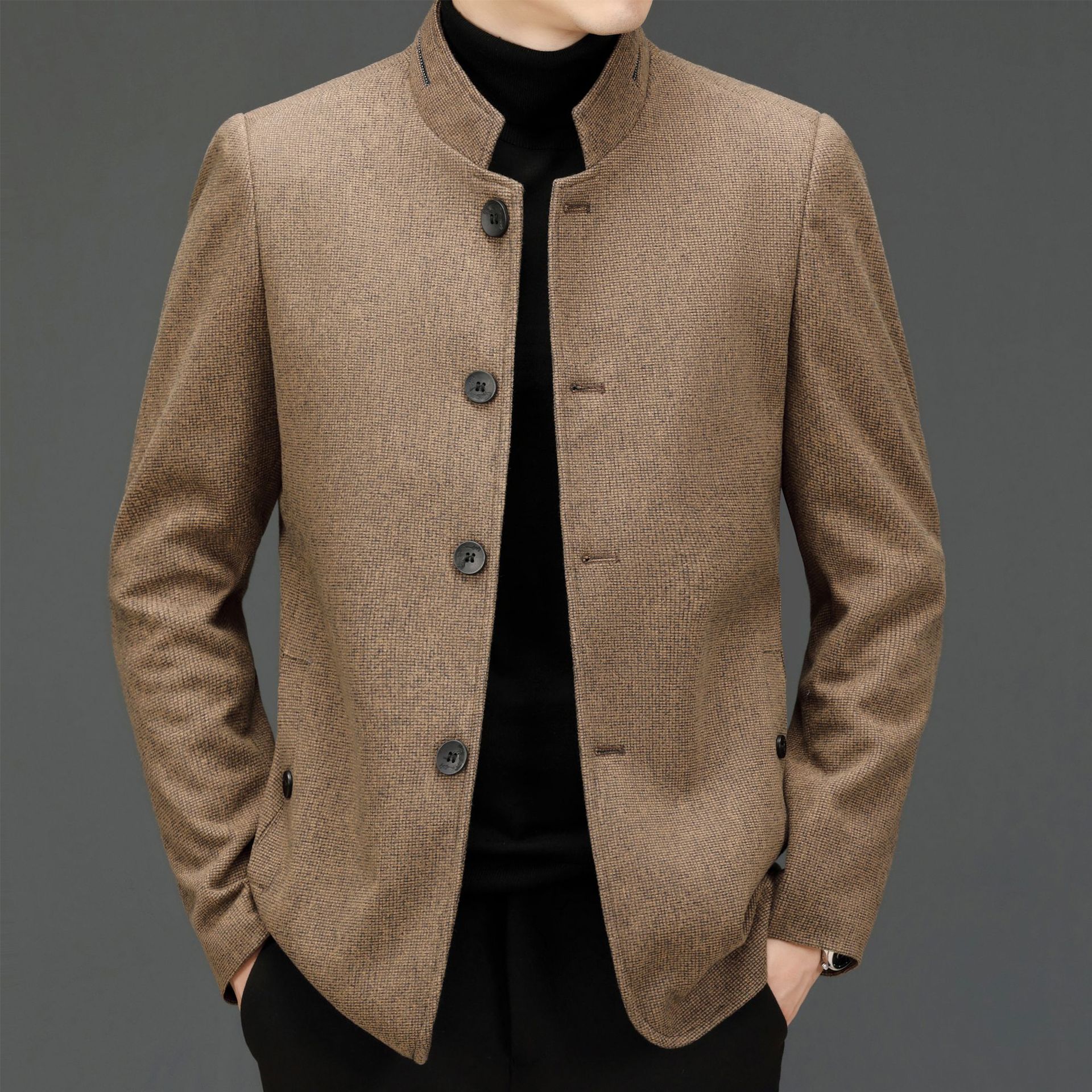 男士商务休闲毛呢小西装 千鸟格立领修身中山装外套速卖通代发