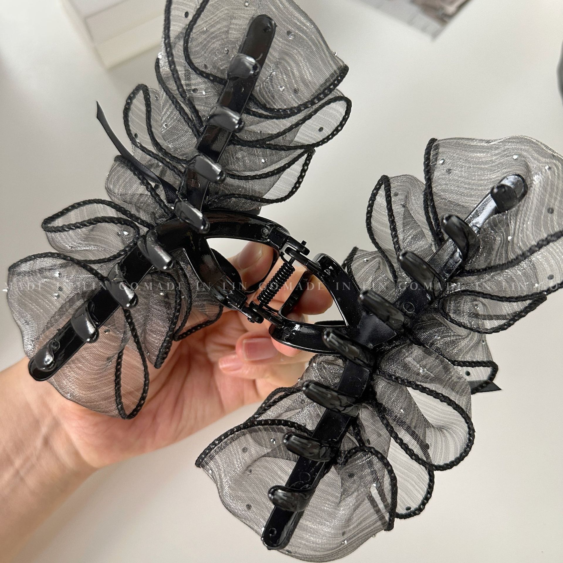New Black Small Version Fluffy Bubble Grip Elegant Cloud Bow Shark Clip Elegant All-Match Double-Sided Hair Accessories