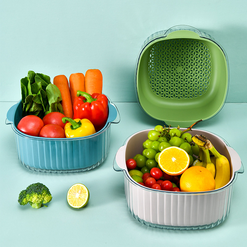 Washing Basin Drain Basket Kitchen Double Layer Vegetable Washing Basket Filter Washing Fruit Scoop Washing Vegetables Basin Fruit Plate Multifunctional