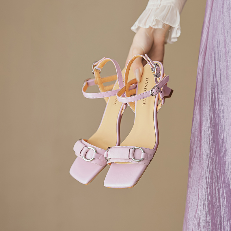 34-43码~法式一字带凉鞋女方头露趾夏季新款韩版糖果色高跟鞋代发