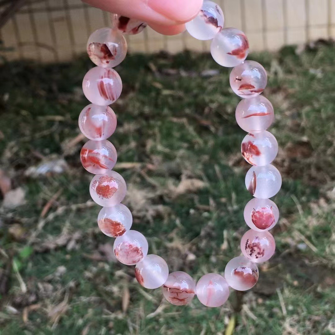 天然南红九口料冰飘手链 鸿运当头 飘花意境 料子干净无杂 白冰透