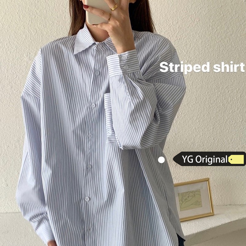 原感少女秋季2020年新款韩版chic条纹衬衫设计感复古长袖信良贸易