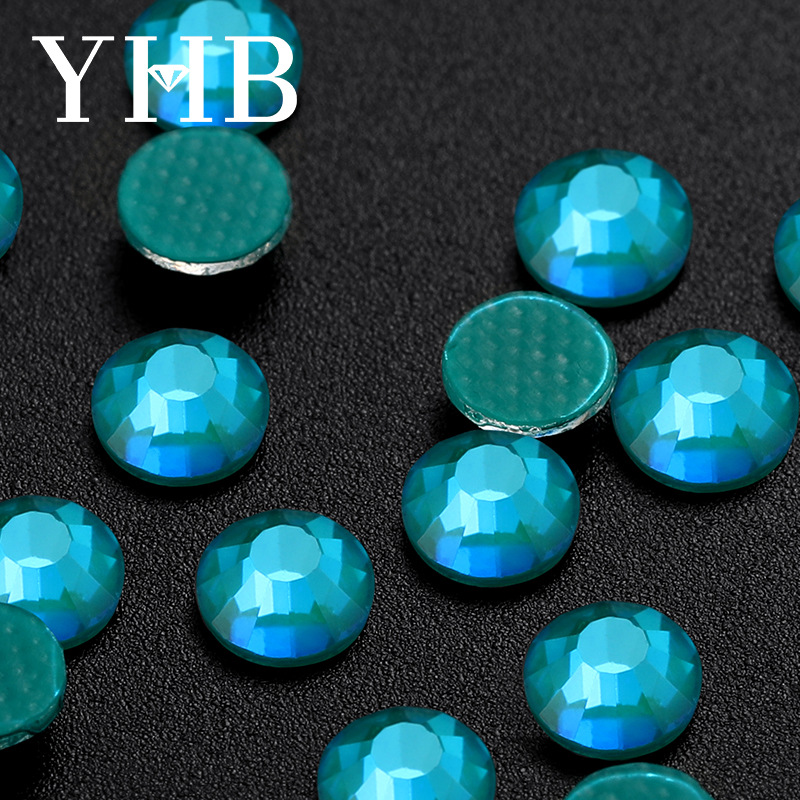 New Glass Hot Drilling round DIY Rubber Base Crystal Lake Blue FLASH COLOR Nail Stickers Rhinestone Jewelry Heat Transfer Printing Factory Wholesale