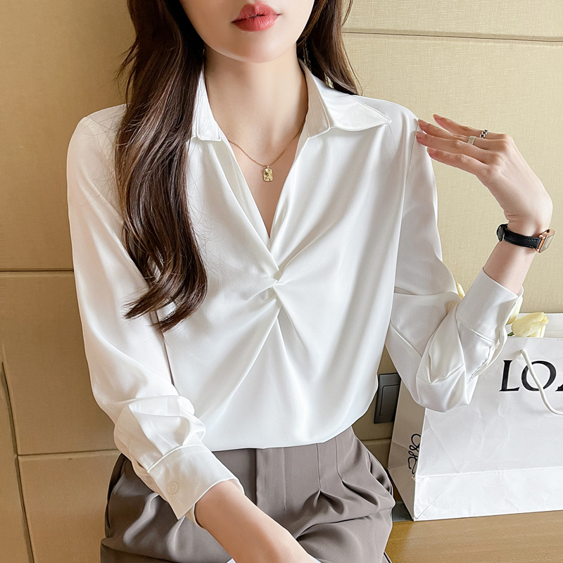 设计感蓝色醋酸缎面衬衫女长袖春秋季新款职业通勤衬衣设计感上衣