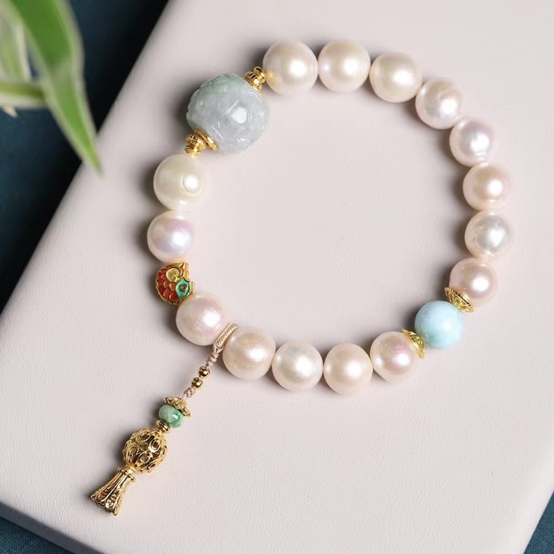 Natural Edison Pearl Bracelet Female S925 Sterling Silver Wind Chimes Pendant Jade Pattern Beads Bracelet One-Piece Delivery