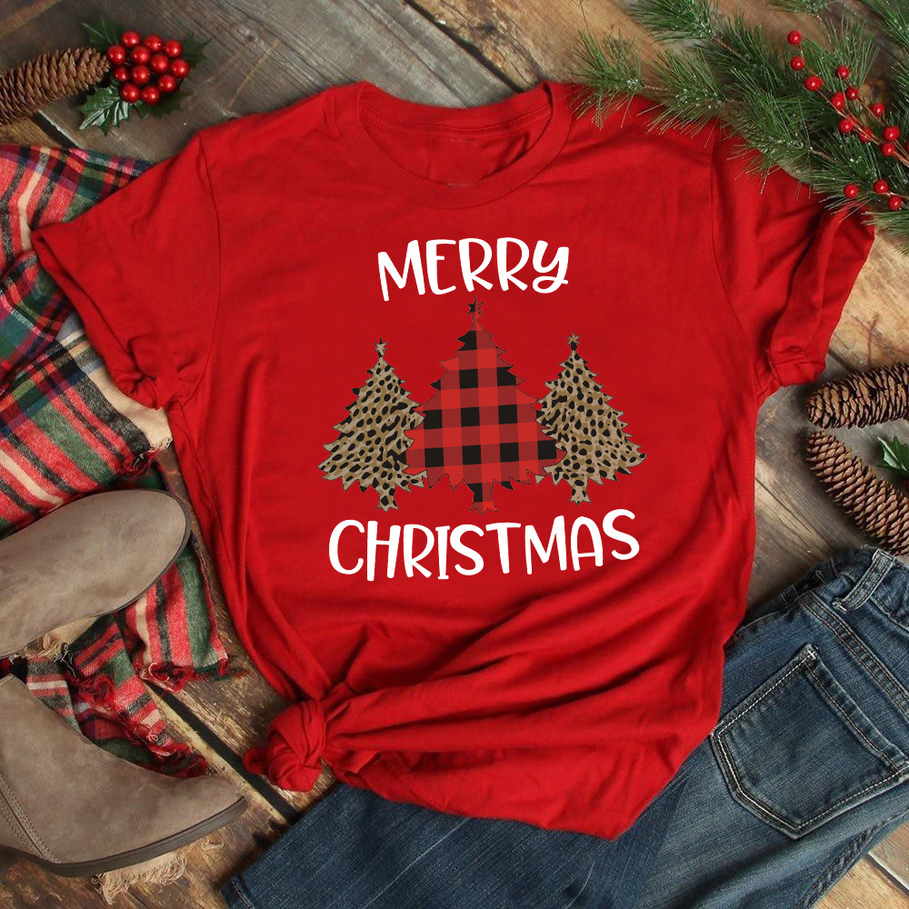 christmas tree t shirt外贸大码女装圣诞节圣诞树印花女红色t恤