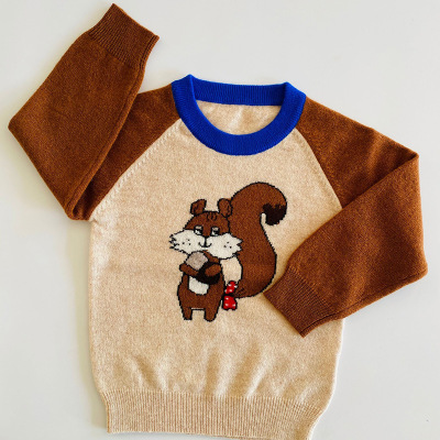 内蒙古鹏博cashmere秋冬新款儿童羊绒衫套头圆领毛衣手工提花松鼠