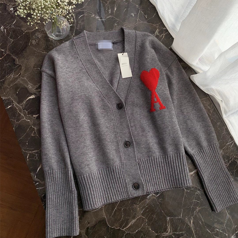21新品ami红色爱心宽松针织羊毛开衫金晨同款毛衣v领百搭外套男女
