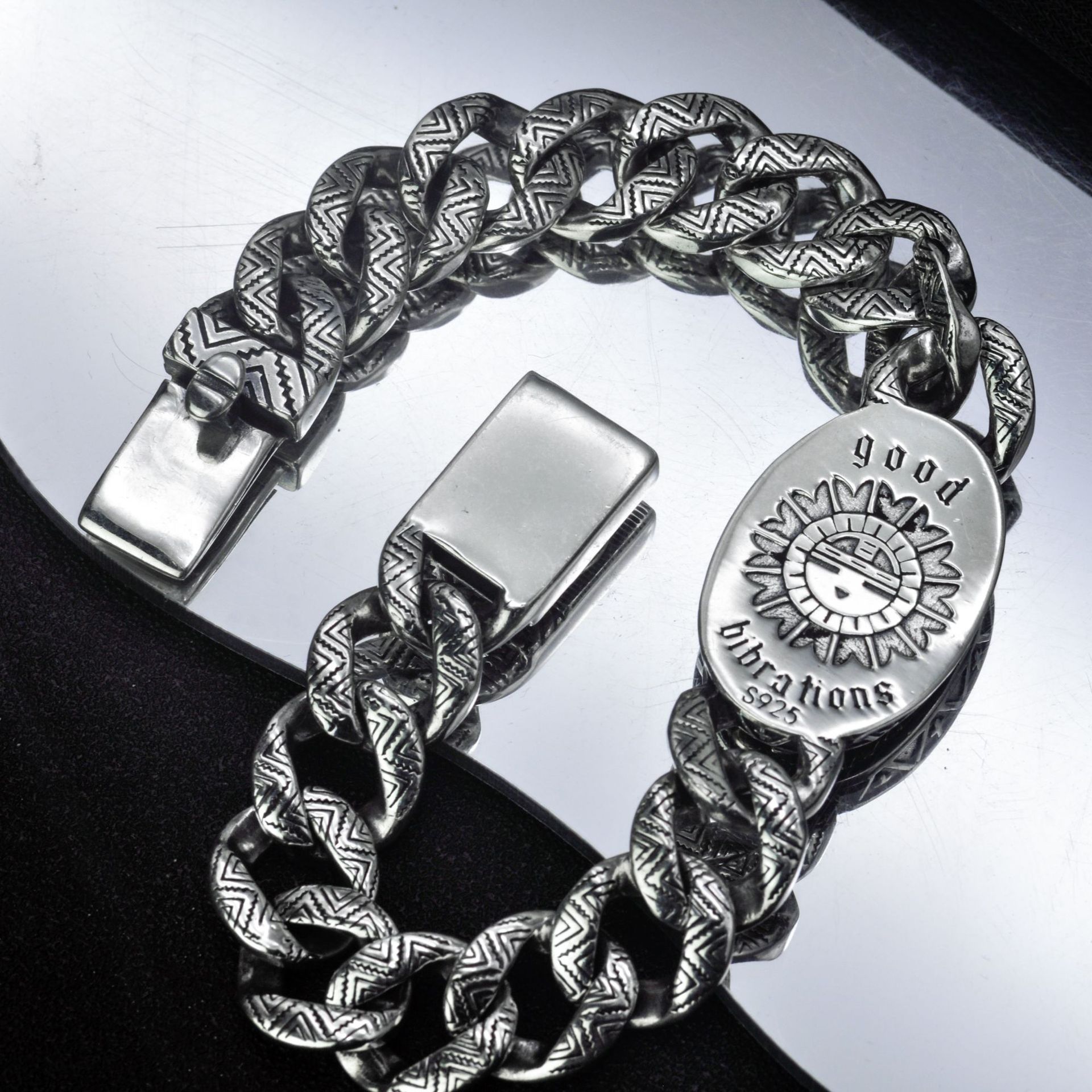 工厂直销s925纯银手链男潮个性霸气复古印第安古巴链男士街头嘻哈