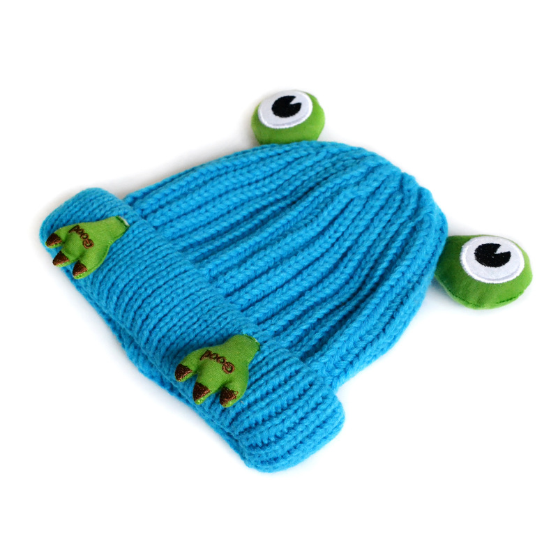 Chengwen New Children's Knitted Hat Boys and Girls Cute Cartoon Frog Hat Three-Dimensional Cap with Eyeshield Wool Hat