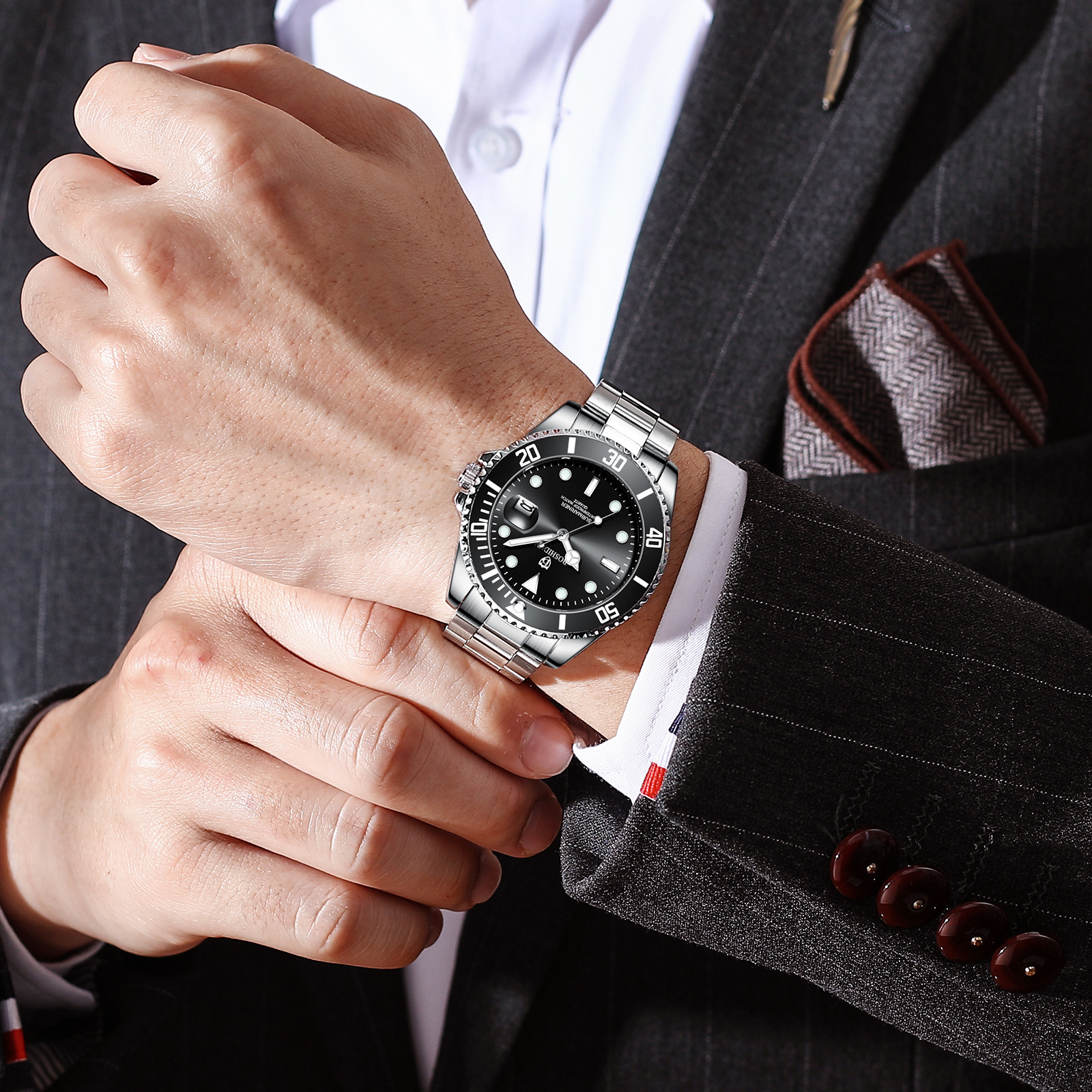 博仕顿外贸劳力家夜光防水绿水鬼手表男士石英男表实心钢带超低价