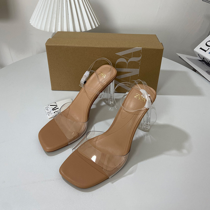 za新款2024夏季方头一字带透明粗跟高跟鞋女露趾玻璃跟外穿凉鞋女