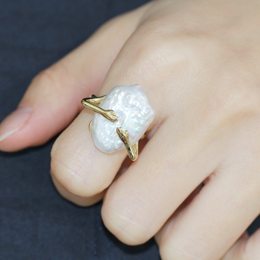 设计师款小众复古天然巴洛克珍珠指环拥抱戒指开口可调节指环女款