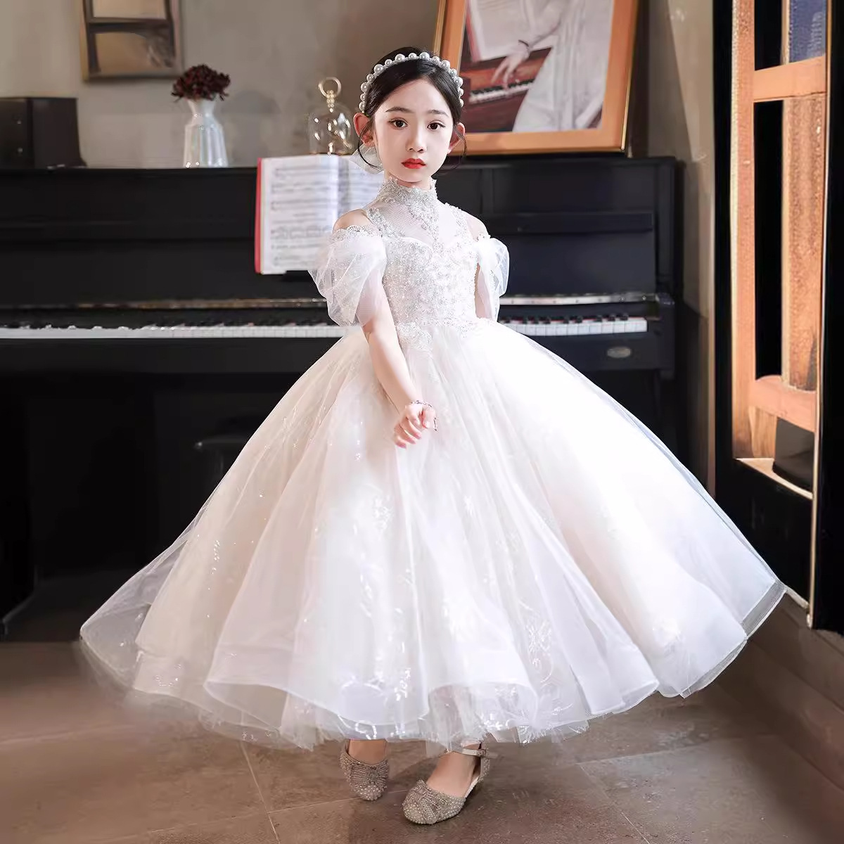 女童礼服轻奢小众小女孩主持人钢琴演出服生日公主裙儿女花童婚纱-阿