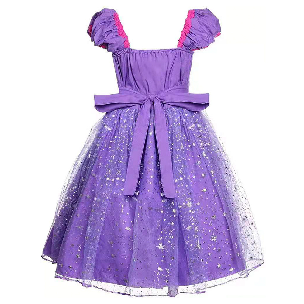 女童长发公主裙21年夏新品儿童女孩无袖紫色泡泡袖礼服蓬蓬连衣裙