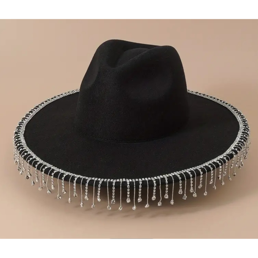 跨境新款新娘bride黑色毛呢秋冬婚礼牛仔帽钻石装饰西部派对帽子