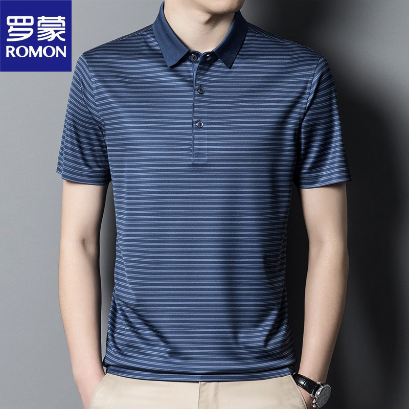 罗蒙夏装中年男士真丝t恤衫商务休闲条纹短袖桑蚕丝polo衫男-阿里巴巴