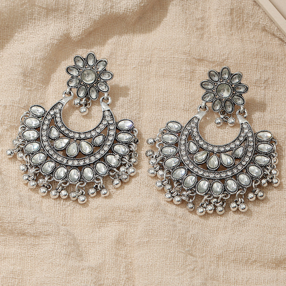 Creative Heavy Industry Antique Silver Diamond-Embedded Bohemian Ethnic Style Indian Fan-Shaped Female Stud Earrings