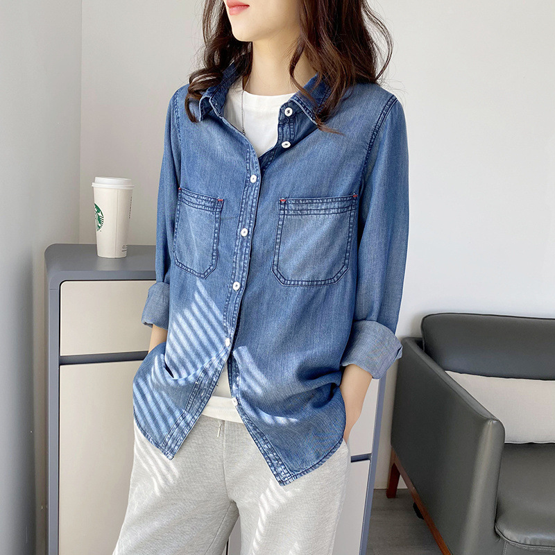2021秋季新款 韩版女装批发 翻领双口袋天丝牛仔衬衫 2013-阿里巴巴