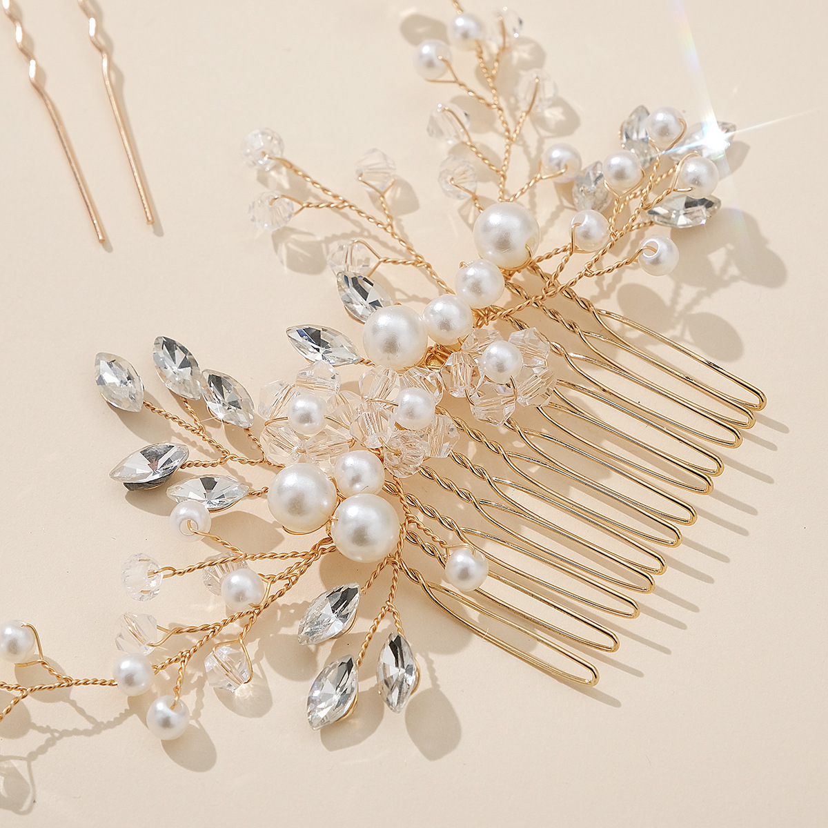 Cross-Border Bridal Headdress Set Rhinestone Pearl Hairpin Hair Comb European and American Wedding Hair Accessories U-Shaped Pin Insert Comb for Updo