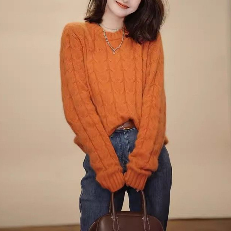 复古橘色绞花毛衣女加厚秋冬穿搭温柔宽松慵懒风软糯