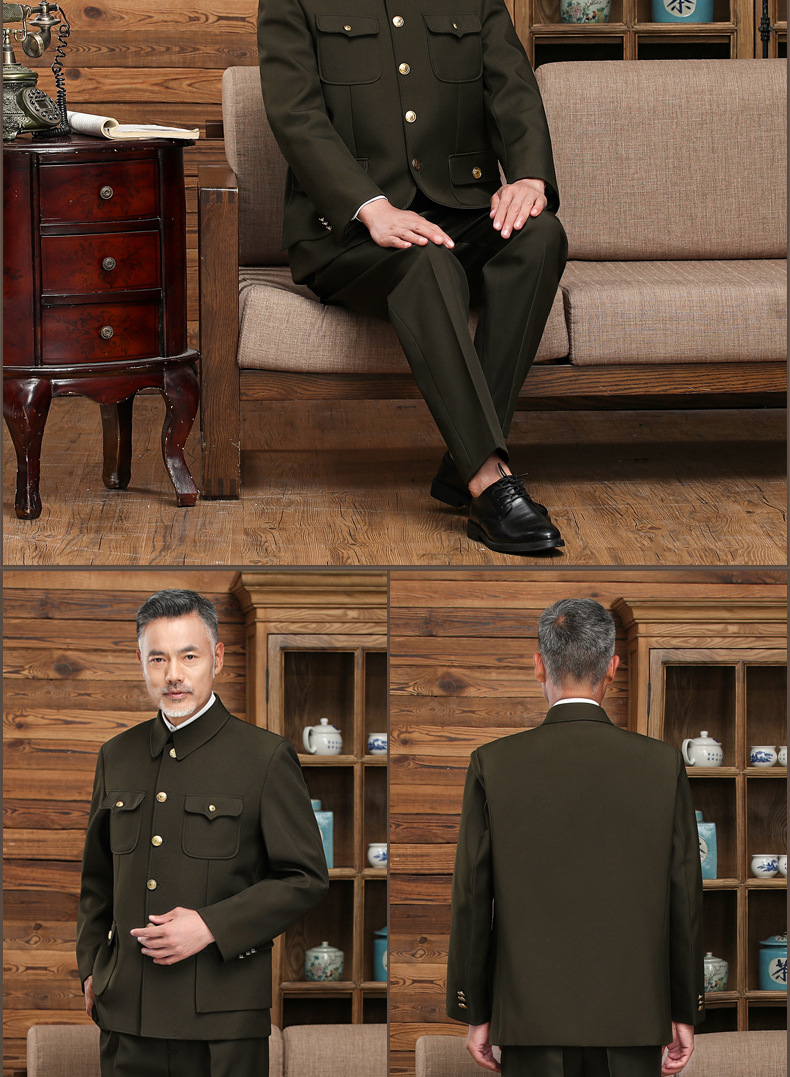 军绿色中老年春秋季新款传统服装爸爸装中山服中山装外套军便套装