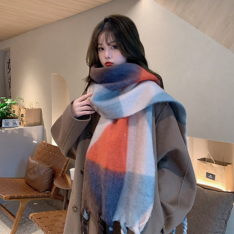 European and American New Jil Geometric Color Matching Mohair Scarf Printed Thick Tassel Couple Autumn and Winter Contrast Color Bib Shawl