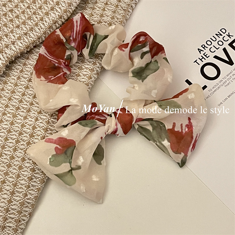 French Chiffon Rose Hair Rope Sweet Super Fairy Bowknot Headband Elegant Floral Large Intestine Hair Band Female Hair Accessories