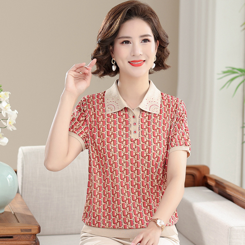 Mom Summer Clothes Knitwear Middle-Aged and Elderly Women's Knitted Cotton Lapel T-shirt Middle-Aged Women's Short Sleeve ICE Cotton Top