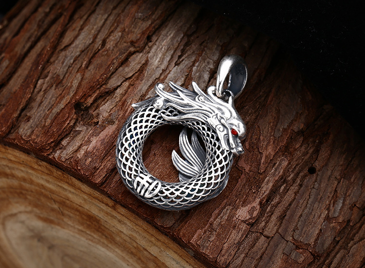 批发925纯银吊坠 个性百搭龙形圆环吊坠 泰银复古做旧潮流饰品