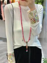 T中式国风女装早春2024新款白色内搭长袖t恤打底衫刺绣上衣民族