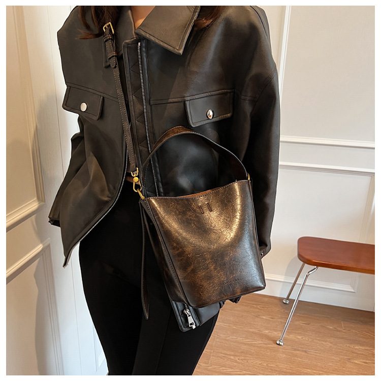 Buy Large Get Small Bucket Bags Women's Bag New Exquisite European and American Waste Soil High-Grade Sense Locomotive Style Large Capacity Shoulder Bag