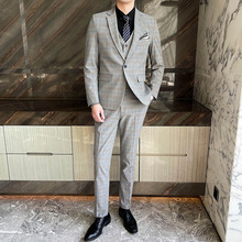 新款男士西服套装职业商务休闲西装三件套时尚绅士格子修身气质版