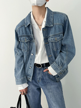 SF/春新款韩风时髦男生蓝色牛仔衣外套复古水洗短款垫肩夹克上衣