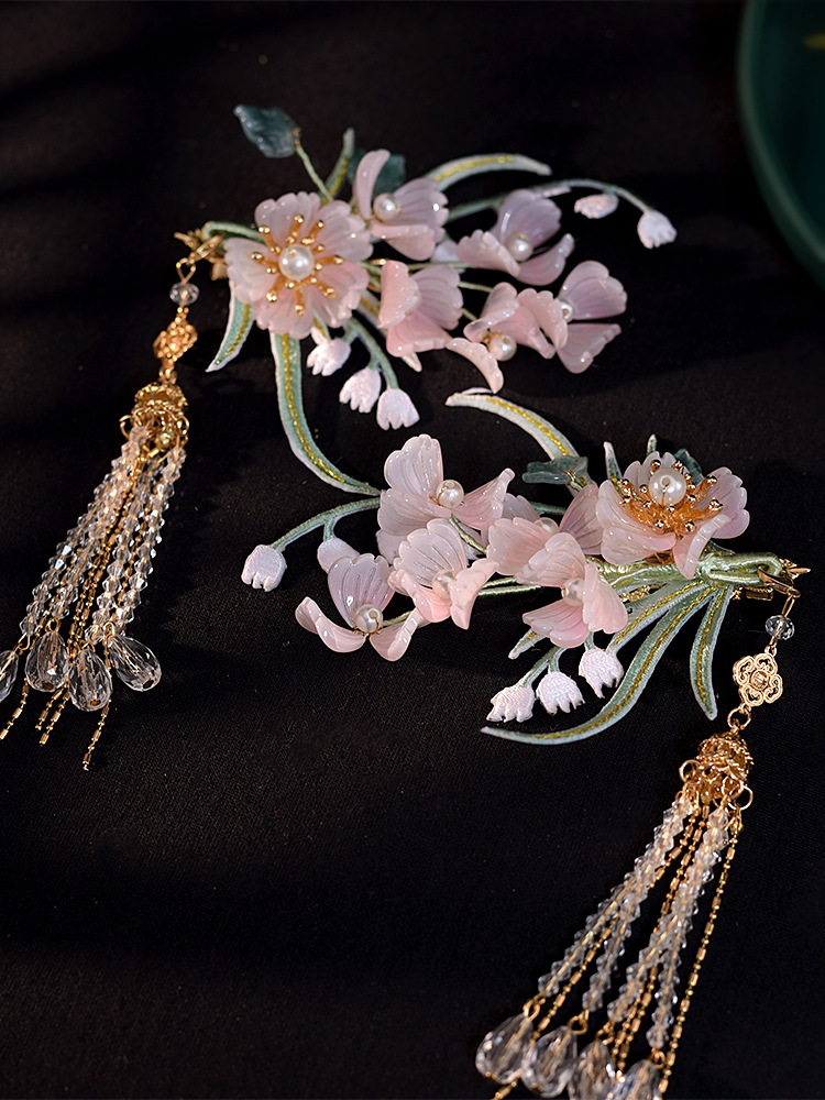古风气质唯美粉色缠花流苏单边夹古风旗袍汉服发饰温柔优雅发夹女