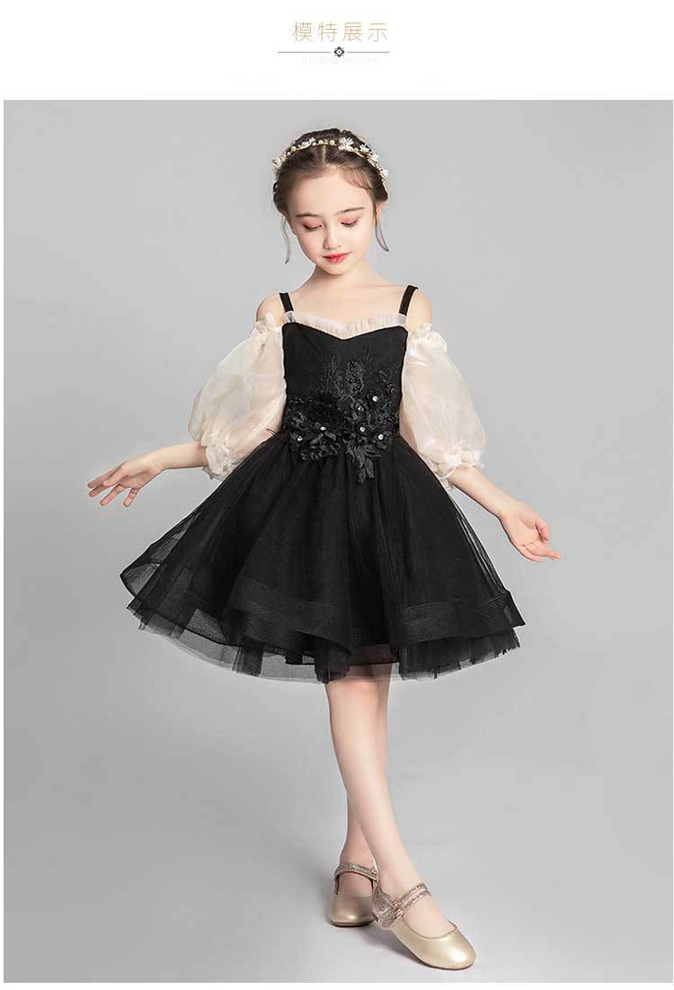 小女孩模特走秀钢琴演出服黑洋气女童晚礼服儿童公主裙蓬蓬纱春夏