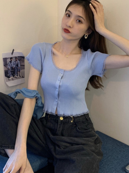 开衫蕾丝边新款针织短款t恤女生修身露腰上衣2024夏性感打底衫女