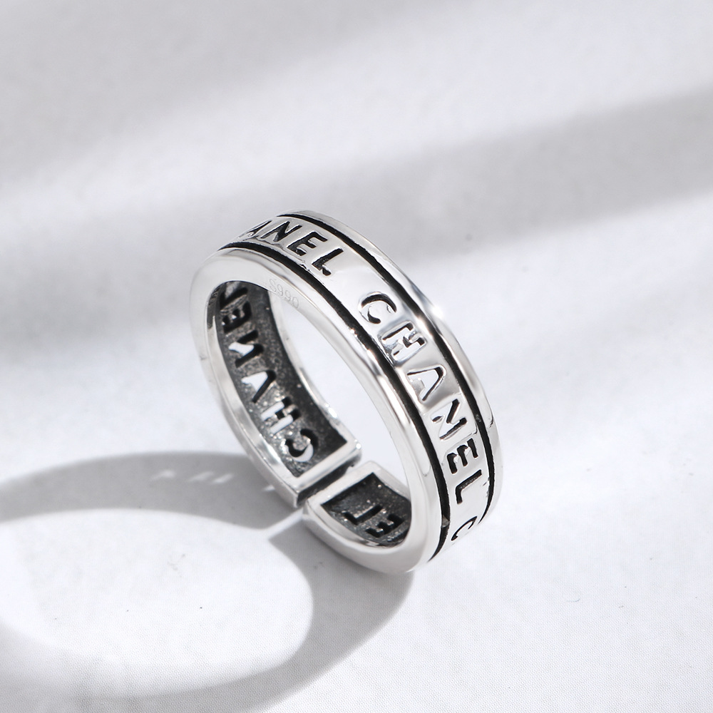韩版嘻哈潮流指环时尚复古做旧英文字母刻字s925纯银开口戒指女