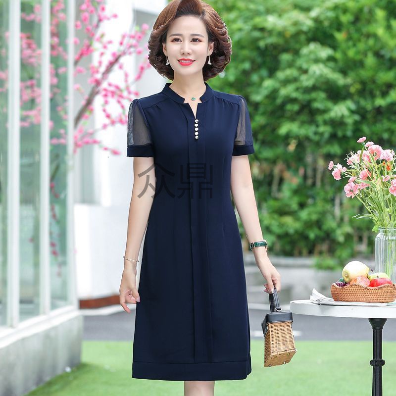 zd中年妈妈夏装短袖连衣裙洋气2024新款40岁中老年女装时尚雪纺裙