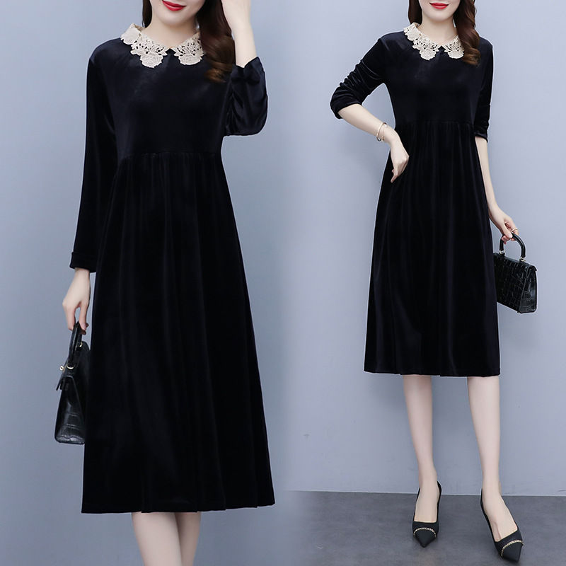 金丝绒大码连衣裙子女士装春秋新款小个子高端气质洋气中长裙