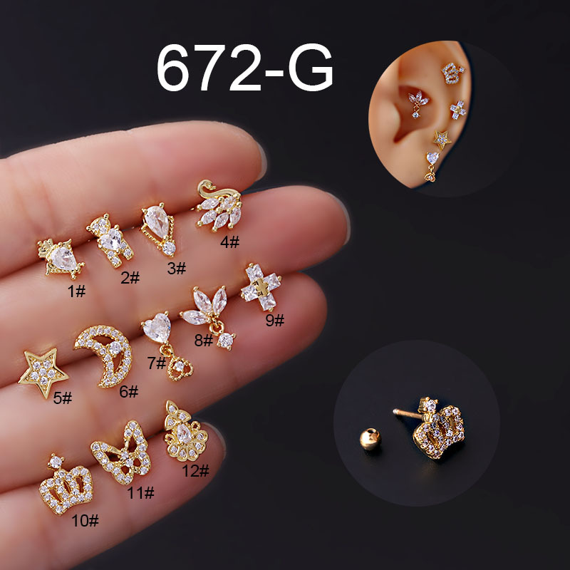 20G Titanium Steel Thin Rod Zircon Ear Bone Stud Butterfly Crown Star Moon Screw Stud Earrings Fashion Earrings Single