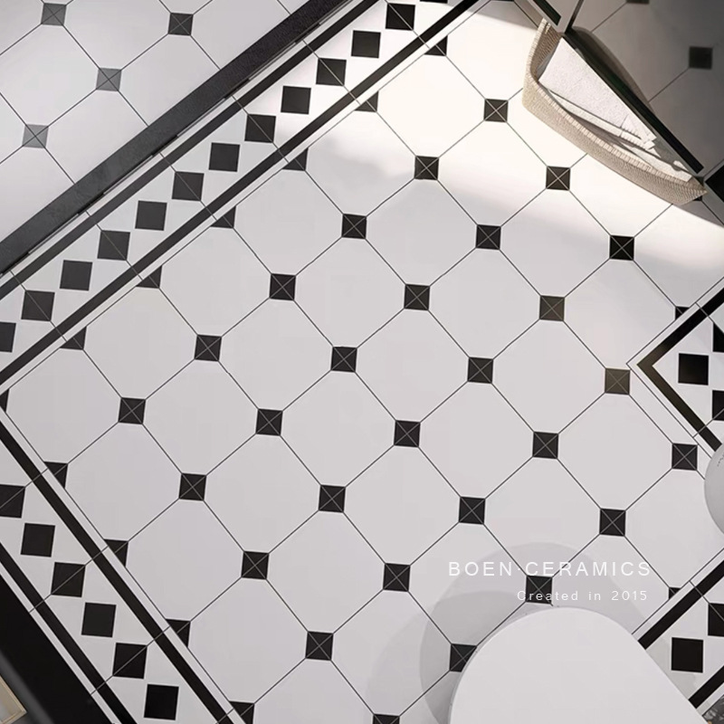 新款 法式黑白围边小花砖厨房浴室墙砖卫生间地砖庭院阳台瓷砖