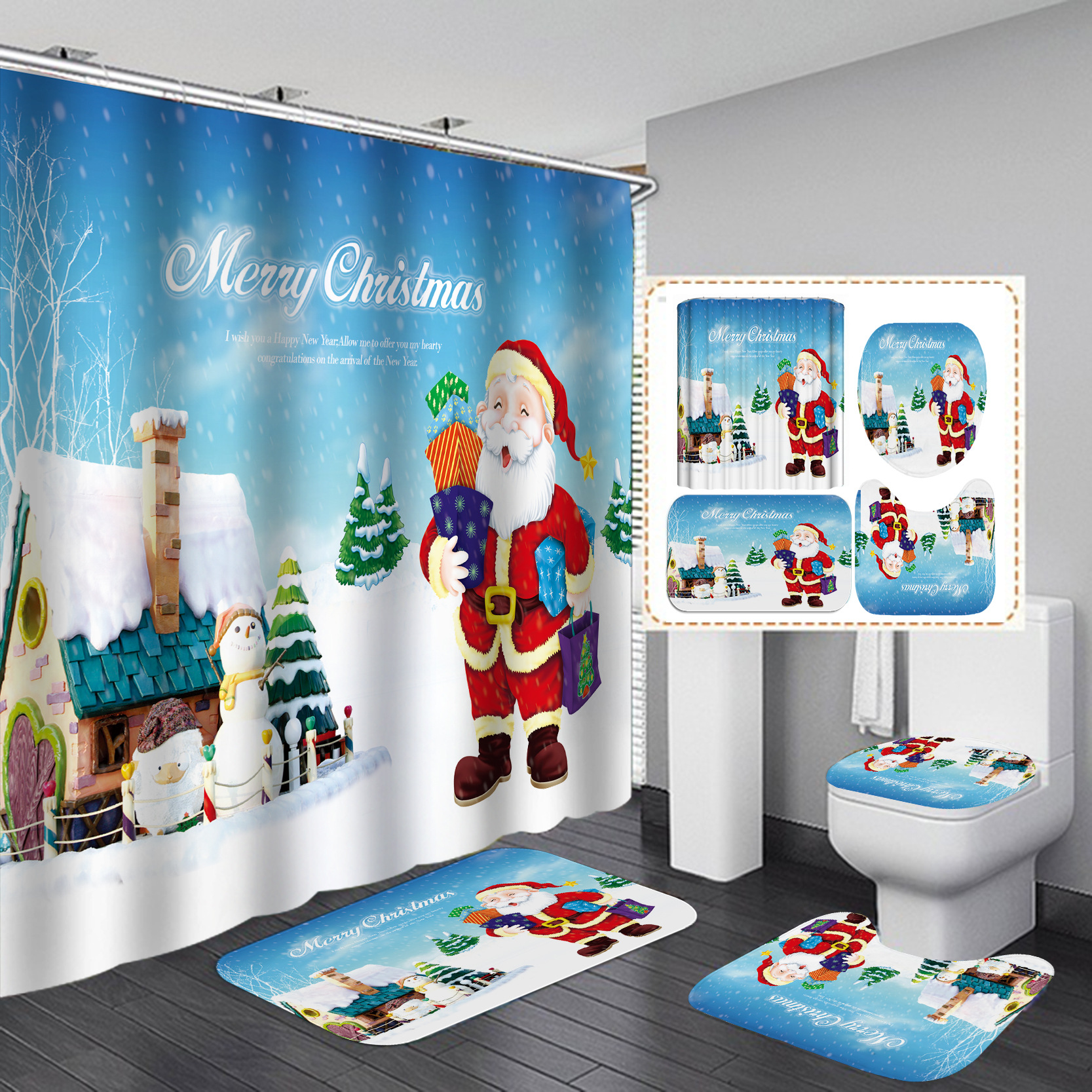 Amazon Best-Selling Shower Curtain Four-Piece Christmas Series Waterproof Punch-Free Partition Curtain Hotel Rain Curtain