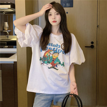 2022夏季新款韩版泡泡袖短袖T恤女卡通印花宽松设计感小众上衣潮