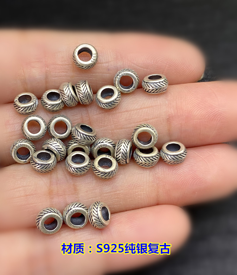 S925 Sterling Silver Retro Large Hole Barrel Beads Spacer Bead Pendant Lanyard Hand-Woven Bracelet DIY Bead Finishing Accessories