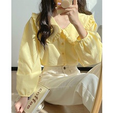 娃娃领上衣奶黄色长袖衬衫女春季法式复古设计感小众奶甜衬衣