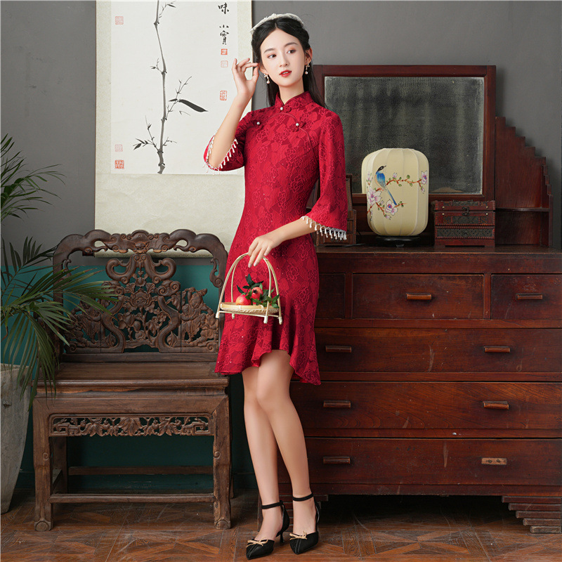 纳春nitree改良蕾丝鱼尾七分袖旗袍2024新款名媛少女短款旗袍